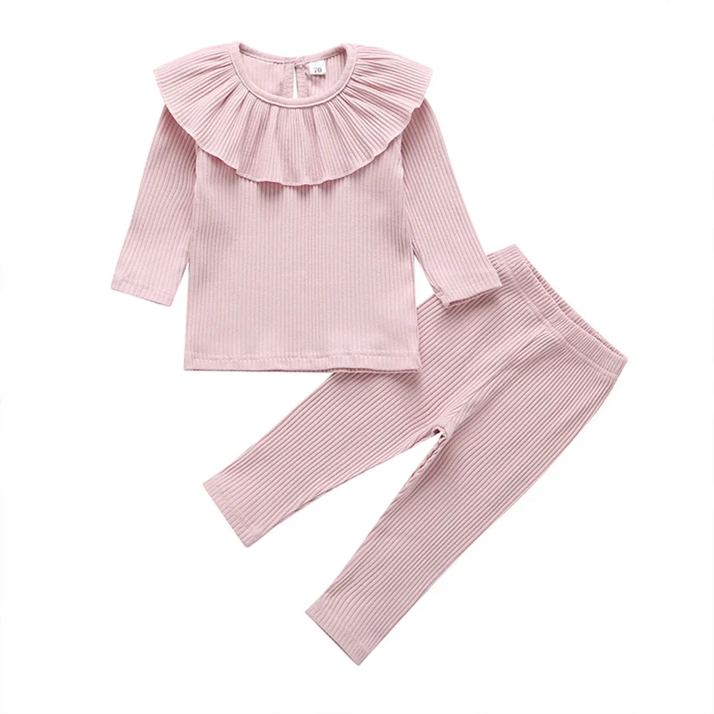 Emmaaby/Одежда для маленьких девочек 0-3 лет, вязаные топы с оборками, футболка, леггинсы, штаны, комплекты - Цвет: Розовый