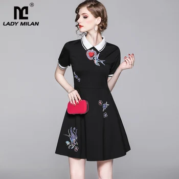 

Lady Milan Women's Runway Dresses Turn Down Collar Short Sleeves Embroidery High Street Fashion A Line Dresses