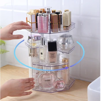 

Rotating Clear Makeup Storage Box Plastic Bathroom Shelf DIY Adjustable Octagon Shape Space Saving Cosmetic Organizer
