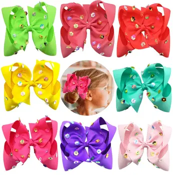 

free shipping 8pcs 6'' summer neon color hair bows with sequin flower on top glitter big hair bows jojo style bows