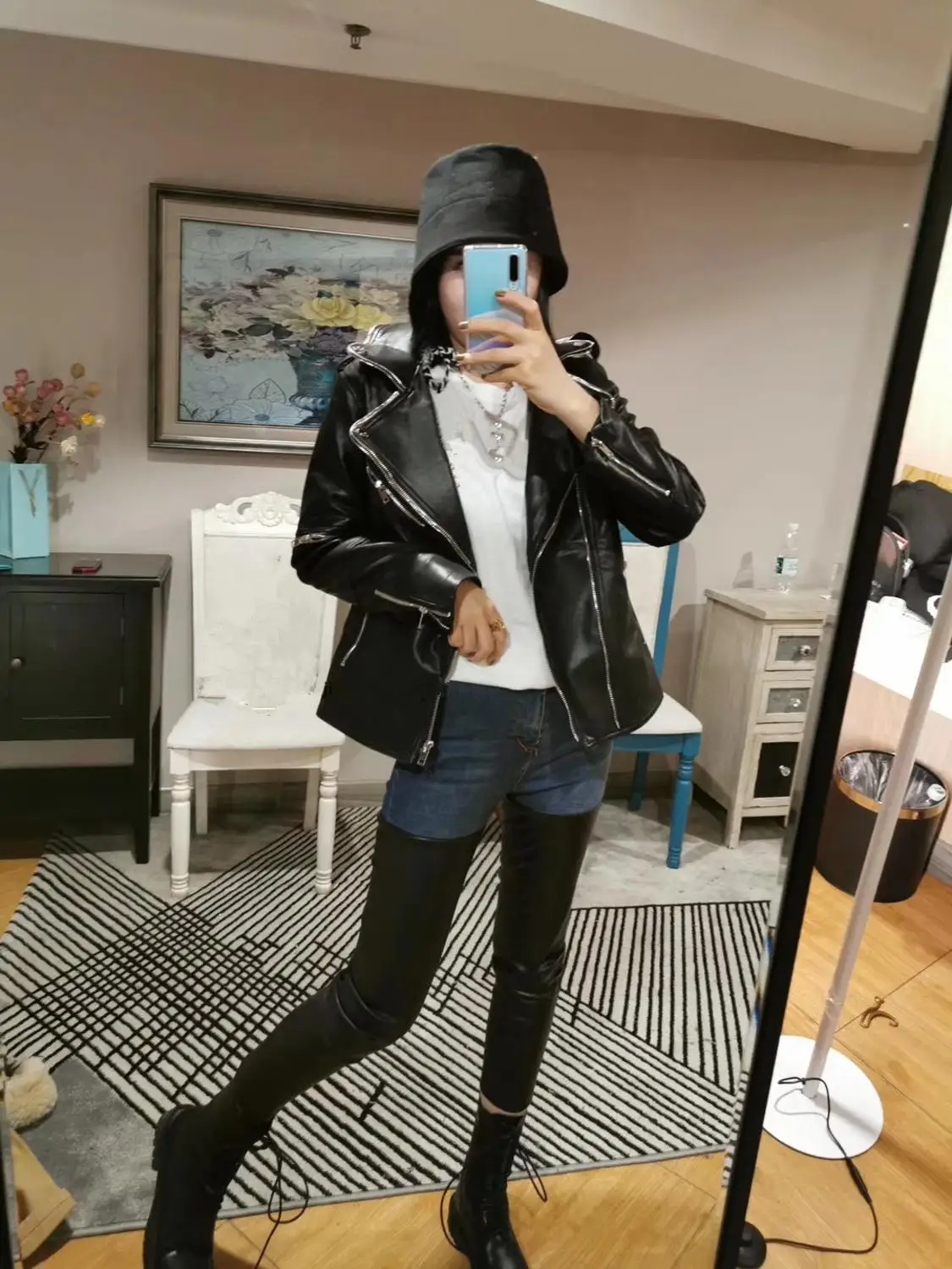 WHITNEY WANG Jeans Autumn Fashion Streetwear PU Patchwork Skinny Jeans Women Denim Pencil Pants