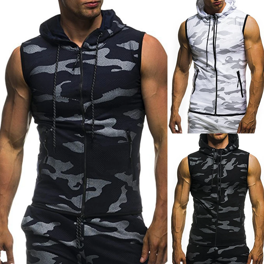 Hombres Culturismo Gimnasios Entrenamiento fatisico Sudaderas sin mangas Hombre Camuflaje casual Sudaderas con capucha Chaqueta