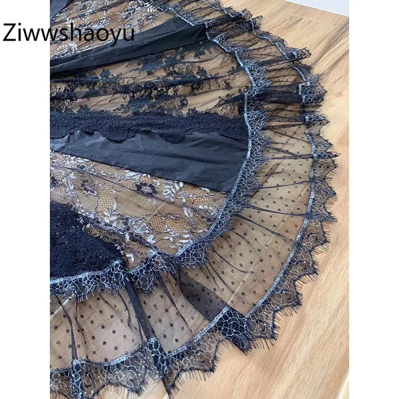 Ziwwshaoyu дизайнерская Высококачественная Черная кружевная Лоскутная Асимметричная юбка с рюшами Женская модная длинная юбка с высокой талией