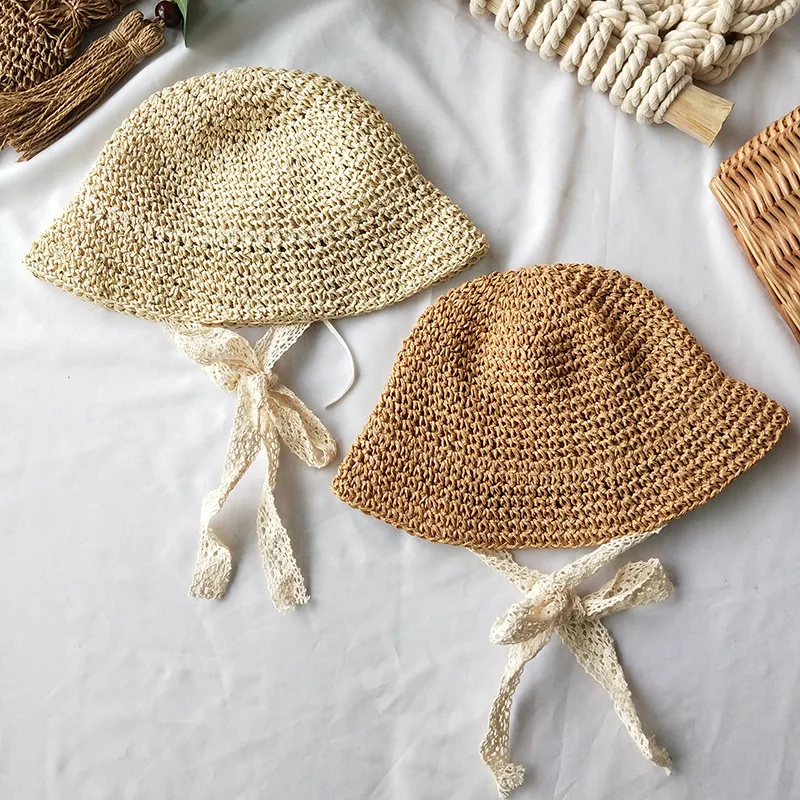 Baby Hat Summer Korean Baby Boy Girl Straw Hats Lace Strap Crochet Foldable Sun Cap