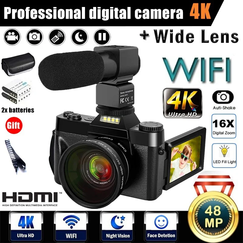 4KProfessionalDigitalCameraWiFiLinkWithMicrophone48MPCamera