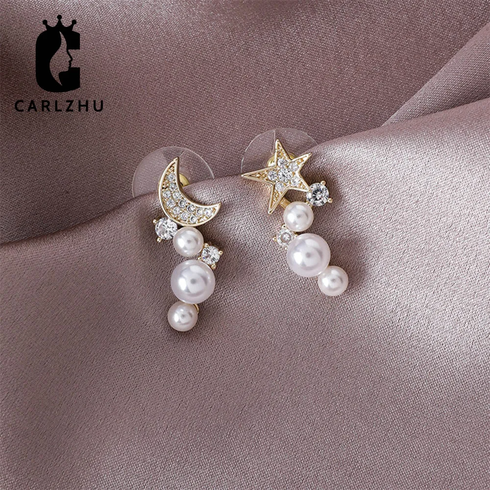 Real Gold Plated Cubic Zirconia Moon Star Pearls 925 Sterling Silver Stud Earrings for Women Girls Wedding Party Jewelry Gift | Украшения и