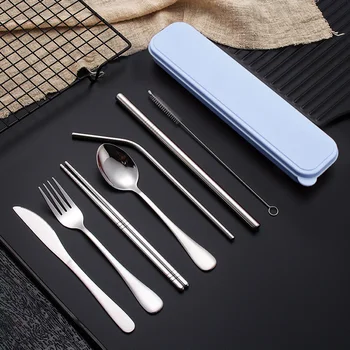 

Elenxs Metal Dinnerware Set Wholsale Stainless Steel Straw Spoon Fork Chopsticks Cleaning Brush with Kit Camping Lunch Supplies