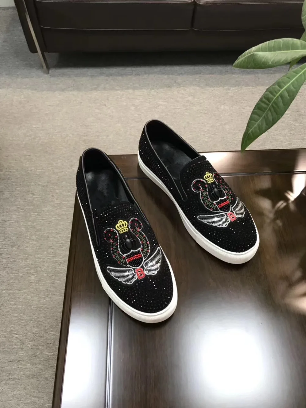 Fashion Flats Loafers Black Diamond Rhinestones Men walking shoes