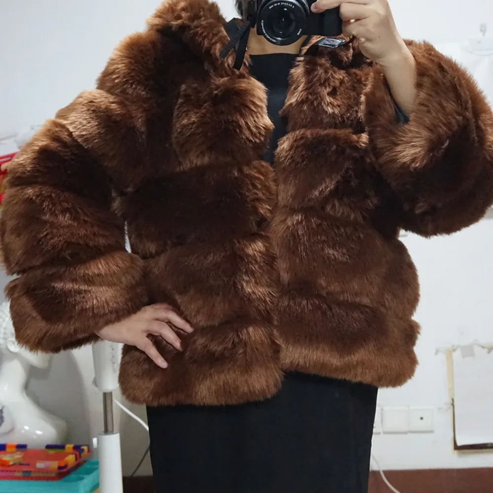 Оверсайз S-4XL длинный рукав теплая искусственная Меховая куртка Пальто Верхняя одежда для женщин коричневый с капюшоном Толстовка Пальто Топы