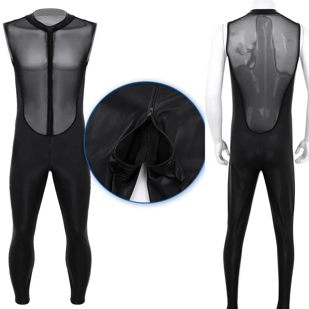 

Sexy Men Gay Leather and Mesh Jumpsuit See Through Top Open Crotch Zipper Sleeveless Wet Look Bodysuit Fetish Lingerie