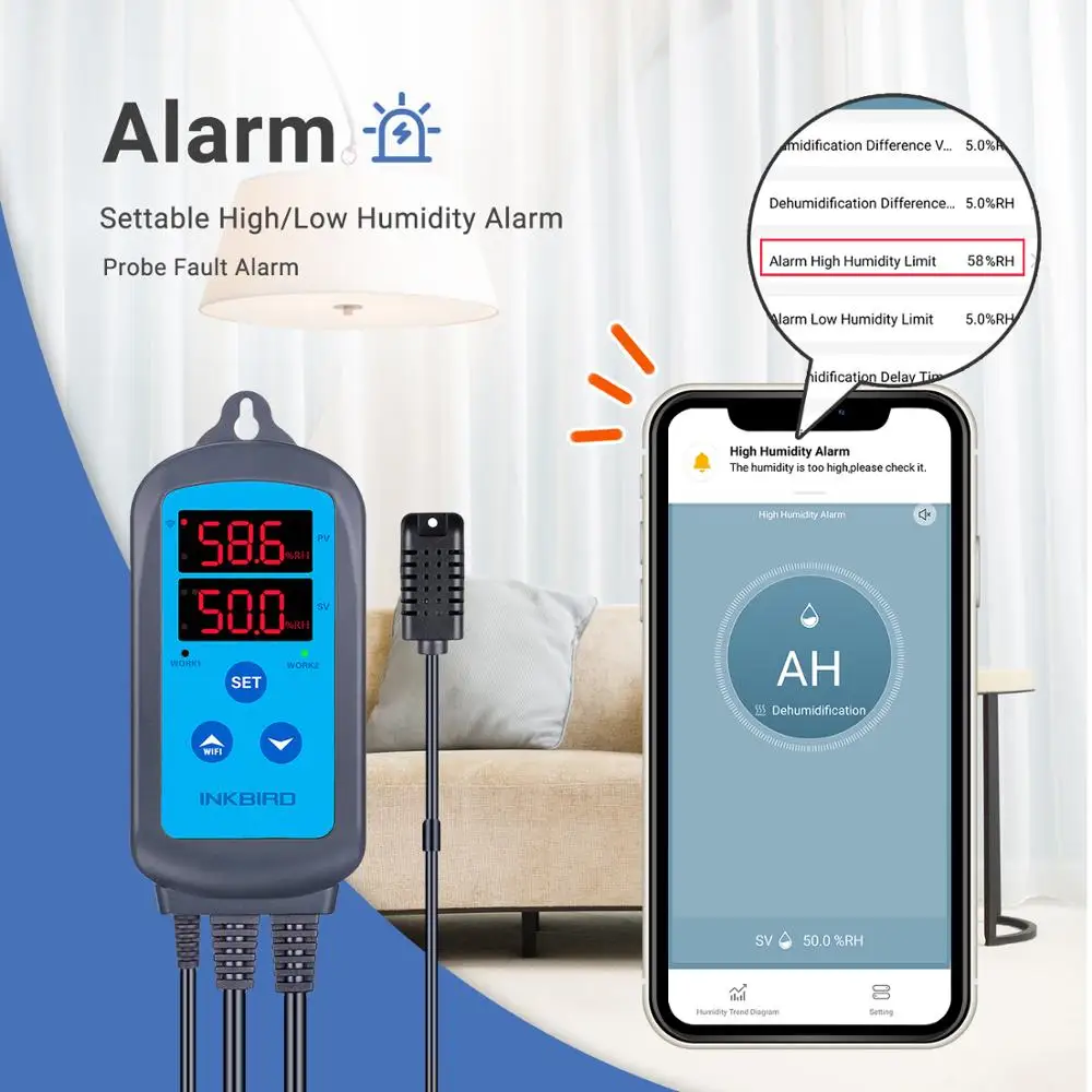 INKBIRD IHC-200 및 200 WiFi EU 소켓 및 플러그 스마트 습도 컨트롤러 가정용 가습 및 제습기 무료 앱