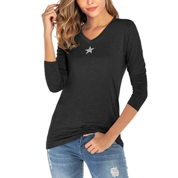 

Women Spring Autumn Tops Ladies Solid Color Star Pattern Long Sleeve V-Neck Slim T-Shirt Casual Female FS99
