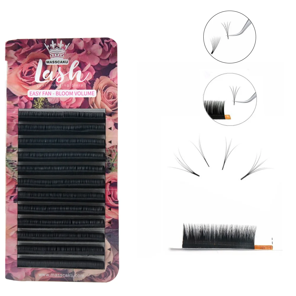 MASSCAKU Easy Fan Volume Lash Extension 0.05 0.07 0.10mm Thickness 8-18mm Long Lasting Russian Blooming Faux Mink Eyelashes