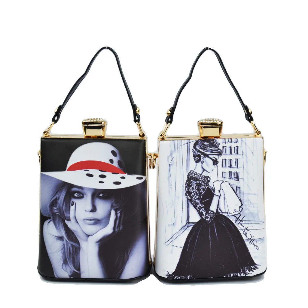 Elegant PU Face Pattern Ieather Bags Women ChainShoulder Handbag Cartoon Evening Purse for Women Party Clutch Gift Box