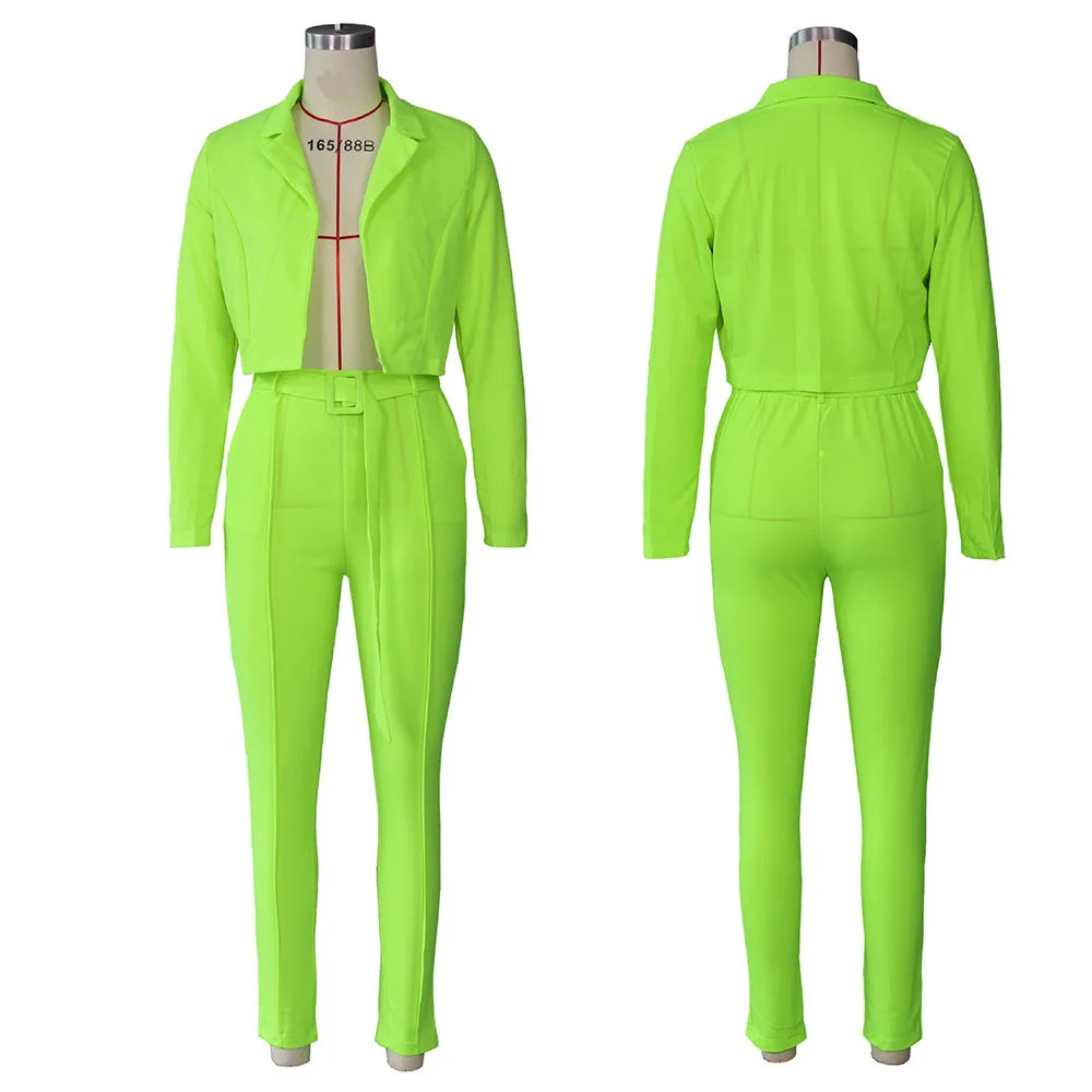 Neon Green Suits SEBOWEL/костюм с длинными рукавами из 2 предметов со штанами, Женский неоновый блейзер+ брюки, повседневный элегантный деловой комплект с поясом, осенняя Офисная Женская одежда - Цвет: Neon Green Suits
