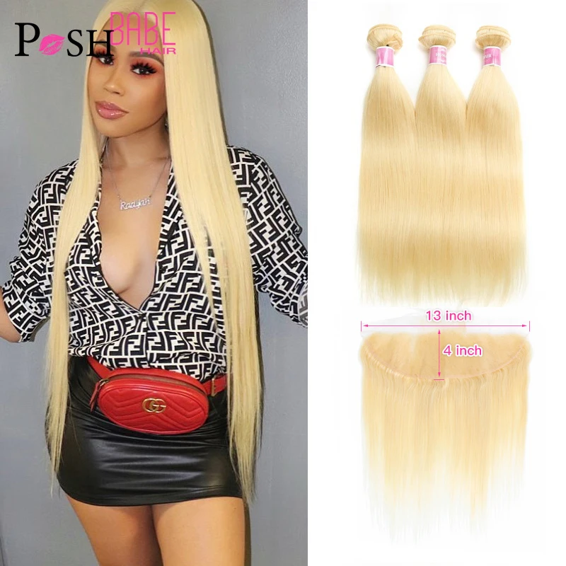 613 paquete con Frontal rubio miel de 13x4 Frontal de encaje con extensiones de cabello humano recto 2 3 4 pelo brasileño mechones