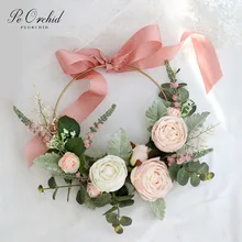 Buquê de flores artificiais rosa de orquídea, anel de metal dourado e ferro portátil, guirlanda decorativa para casa, casamento