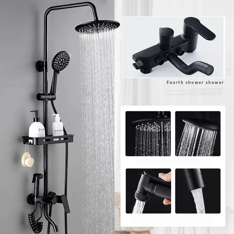 OUIO สีดำห้องน้ำชุดก๊อกน้ำ Wall Mount Rainfall Shower Handheld Sprayer W/ชั้นวางอ่างอาบน้ำฝักบัว 1