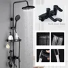 OUIO Black Bathroom Shower Faucet Set Wall Mount Rainfall Shower Head With Handheld Sprayer W/Shelf Bathtub Shower Mixer 1
