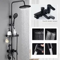 OUIO Black Bathroom Shower Faucet Set Wall Mount Rainfall Shower Head With Handheld Sprayer W/Shelf Bathtub Shower Mixer 1