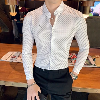 

Chemise Homme British Style Men Stripe Shirt Long Sleeve High Quality Turn Down Collar Business Social Shirts Men Club Tuxedo