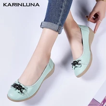 KARINLUNA/Новые Брендовые повседневные женские туфли из натуральной кожи на небольшой танкетке размера плюс 45 элегантные весенние женские туфли на плоской подошве без застежки