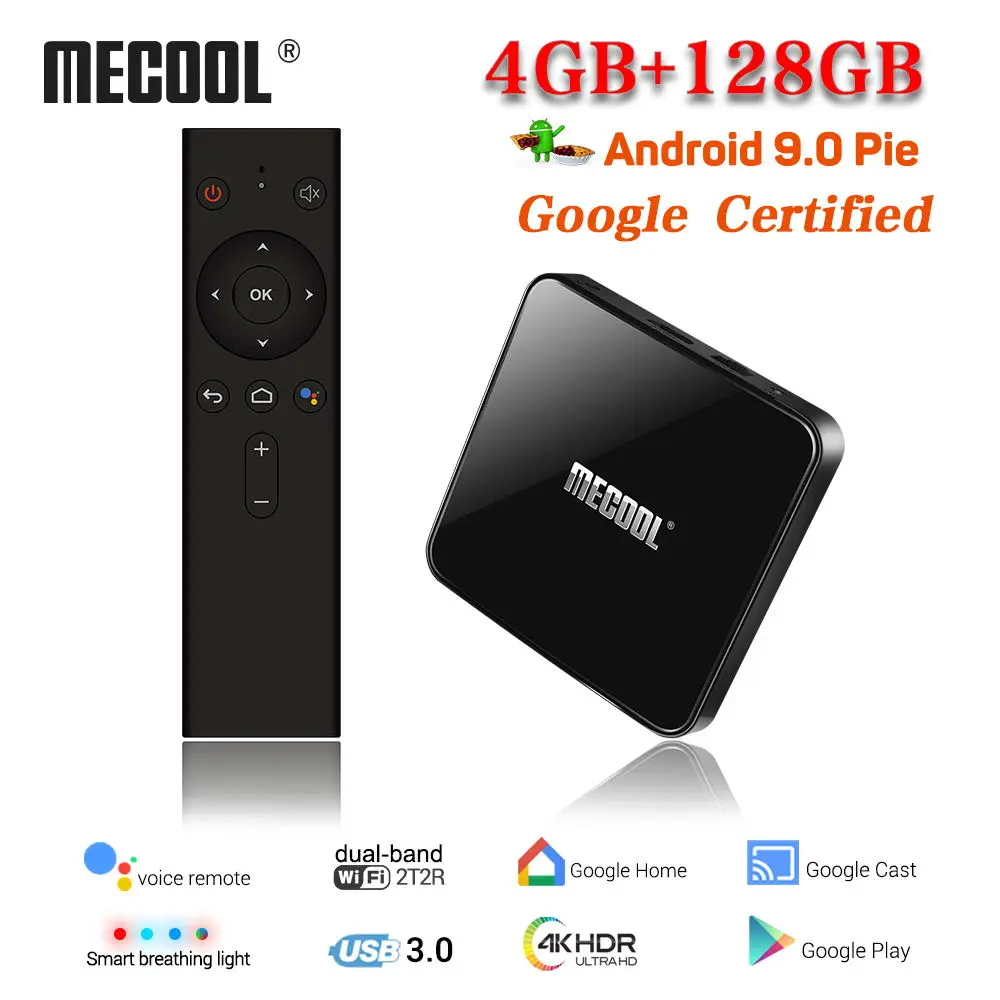 MECOOL 4G/128G KM3 Android 9,0 Smart tv Box DDR4 4 K HDR Google Home Play Cast Ультра HD tv Box USB 3,0 медиаплеер Голосовое управление