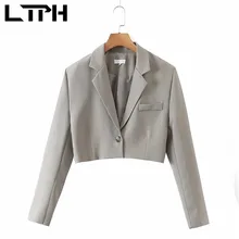 

LTPH simple cropped blazer women vintage single button cardigan long sleeve jacket office ladies casual coat 2022 spring new