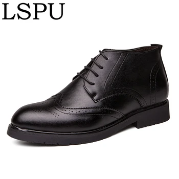 

LSPU Pointed Toe High Top Men Brogue Shoes Lace Up Bullock Carve Casual Ankle Boots For Men Fashion Men Leather Shoes Size 38-45