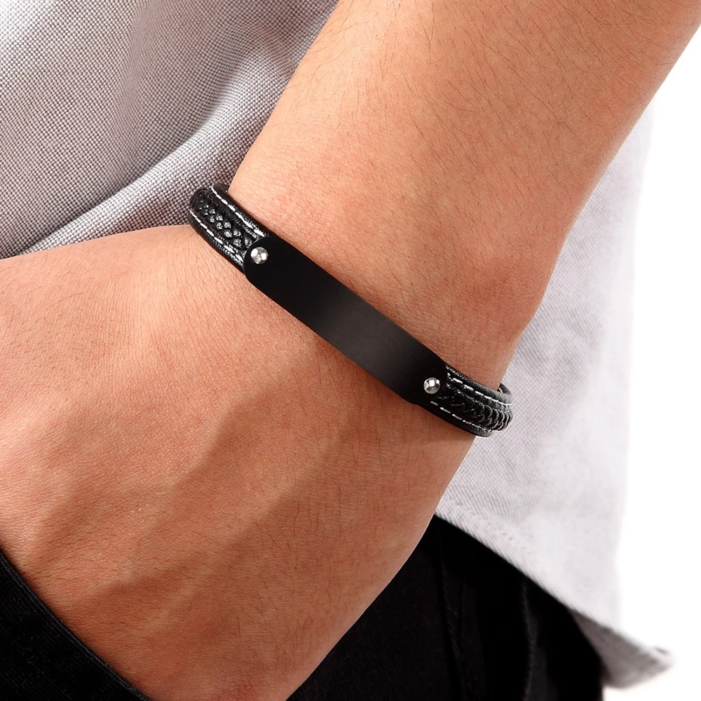 Stainless Steel Tri-Color Accessories Men’s Leather Bracelet Hand-knitted Black Leather for Boys Commemorating Christmas Gifts