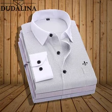Плюс размер 9XL Dudalina полосатая вышивка мода Blusa Camisa Social Stripe длинный рукав Slim Fit рубашка мужская одежда с цветочным рисунком