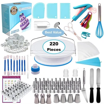 

220 Pcs/Batch Turntable Set Cream Pastry Nozzle Candy Bag Frosting Pipe Nozzle Cake Stand Baking Tool Cake Decorating Tools Set