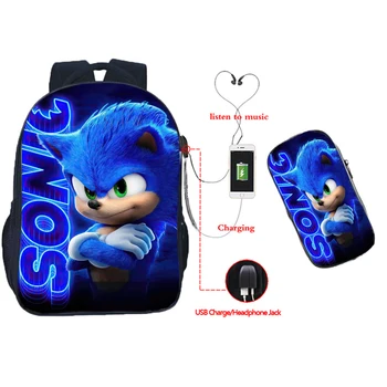 

Boys Girls Sonic USB Charge Backpack Students School Bags Teens Bookbags Children Start School Gift(2pcs Set/Rucksack pen Bag)