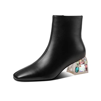

Vintage Elastic Band Genuine Leather Ladies Boots 2020 Autumn Winter Newest Thick Heels Pumps Working Basic Shoes Woman