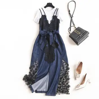 

New European and American women's dresses for spring 2020 Short sleeve T-shirt Embroidered denim vest dress two-piece