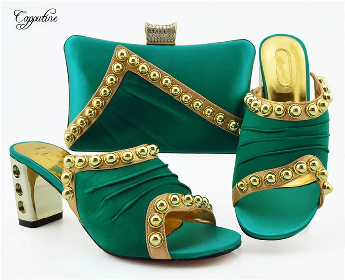 

Excellent teal green wedding/party sandal shoes and purse bag sets MM1090, heel height 7.5cm