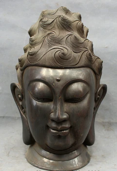 

S2559 14" Chinese 100% Pure Bronze Copper Folk Buddhism Kwan-yin GuanYin Head Statue D0318