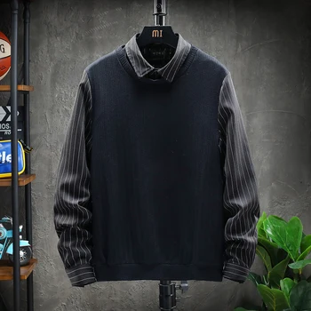 

Men's stitching shirt 2019 autumn and winter new handsome fake two striped shirt youth personality fashion men's clothing