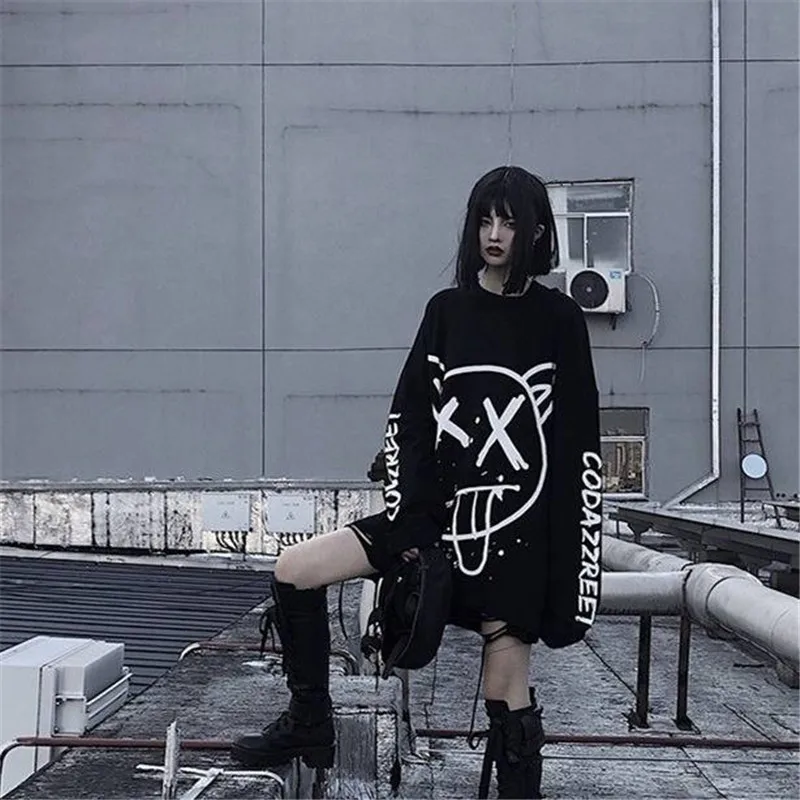Harajuku женские футболки, модная негабаритная футболка с длинным рукавом в стиле хип-хоп панк, уличная футболка для девочек, черная свободная футболка, Забавные футболки для девочек