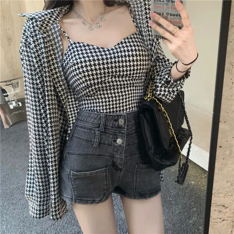 Sets Women 2 Pieces All-match Plaid Long Sleeve Shirts Cropped Camisole Sexy Sun-proof Ulzzang New Fashion Classy Ins Female Y2k matching workout sets