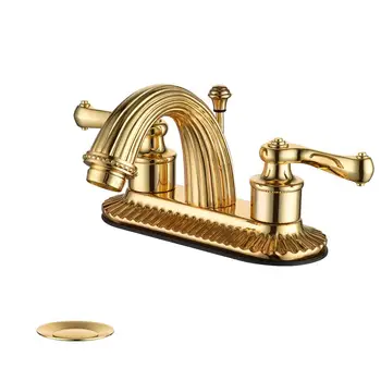 

Commerical Bathroom Sink Faucet Two-Handle Centerset Lavatory Faucet with Drain & Water Supply Hose, Gold Plated, A1001G