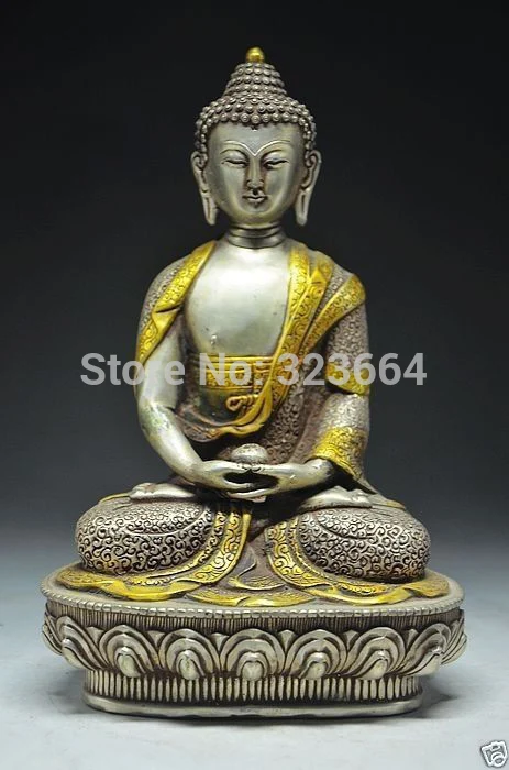 Yan изысканная китайская статуя Будды из чистой меди и позолоченного серебра (C0321) |