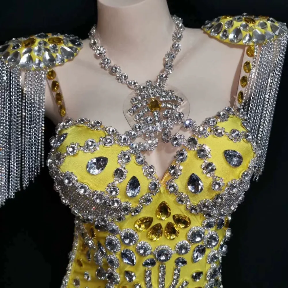 Sexy Tassel Shoulder Badge Rhinestone Bodysuits+Bubble Skirt Women Celebration Occasion Dancer Outfits Club Disco DJ Stage Wear