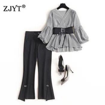 

2020 Spring Office Lady Two Piece Outfit Fashion Women Set Elegant Lantern Sleeve V Neck Striped Top and Pants Suit Clothing Set