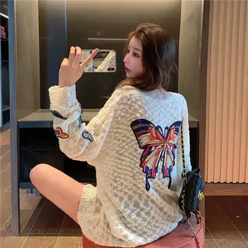 

new autumn butterfly embroidery v-neck long sweater cardigan hollow out oversized women cardigan coat