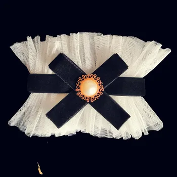 

1Pair Lolita Lace Cuffs Victorian Style Wrist Cuff Bowtie Gothic Cuffs Steampunk Handwear with Pearl