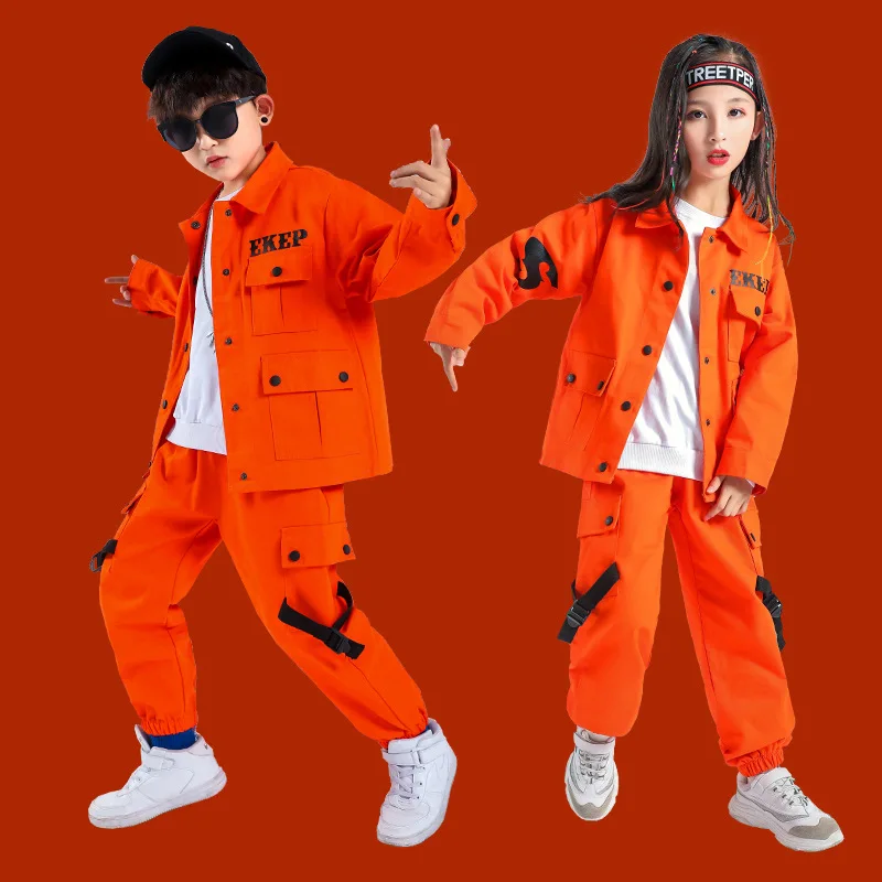 

Kids Hip Hop Clothing Orange Jacket Coat Top Running Casual Pants Girls Boy Jazz Dance Costume Ballroom Clothes Wear Outfit
