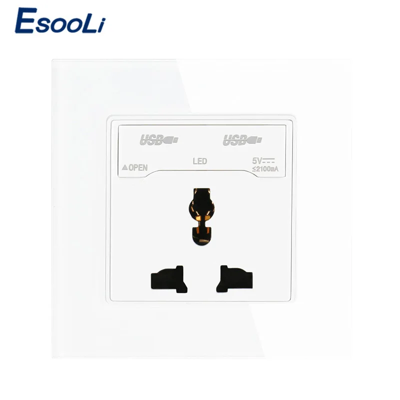

Esooli 86 Type Crystal Glass Panel 13A 250V Universal Socket With Dual USB Charge Port Output 2.1A With LED Indicator