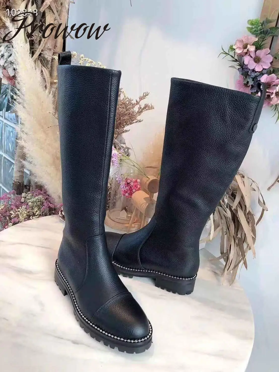 

Prowow New Black Branded Genuine Leather Zip Side Knee HIgh Boots Round Toe Low Heel Metal Studded Autumn Winter Boots Shoes