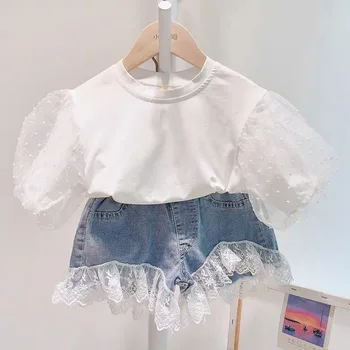 

Summer Girl Clothing Sets Children Clothes Bubble Sleeve Top +Lace Stitching Denim Shorts 2Pcs Toddler Outfits